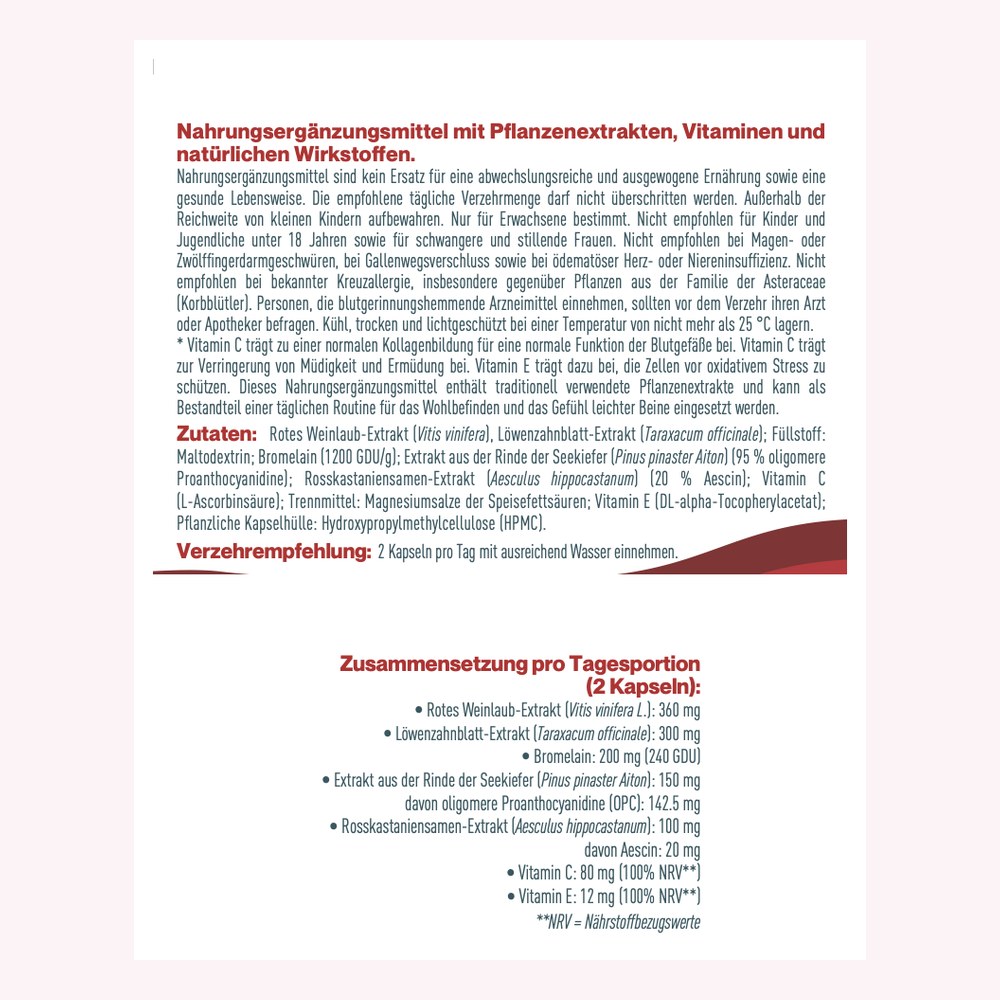 Etikett von LymphActiv: Rotes Weinlaub 360 mg, Löwenzahnblatt 300 mg, Bromelain 200 mg, Seekiefernrinde 150 mg, Rosskastaniensamen 100 mg, Vitamin C 80 mg, Vitamin E 12 mg