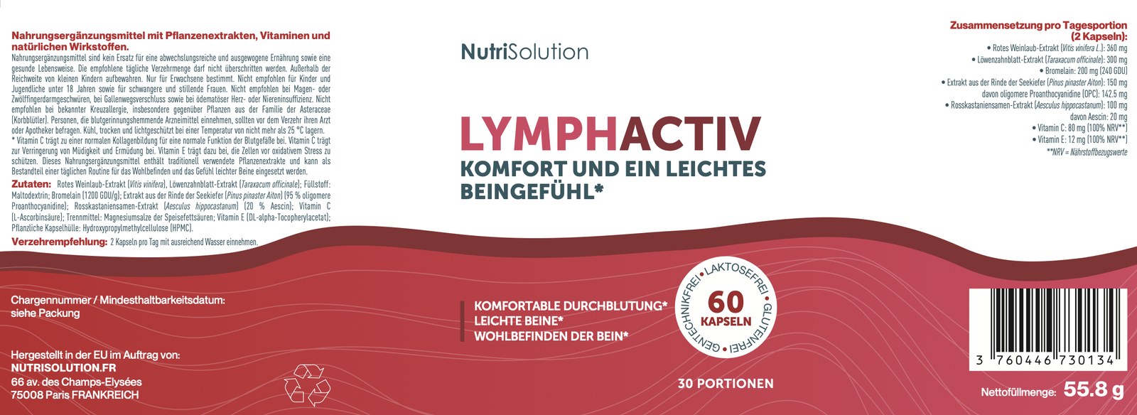 Offizielles deutsches Etikett von LymphActiv mit Zutatenliste, Mengen pro 2 Kapseln und Warnhinweisen